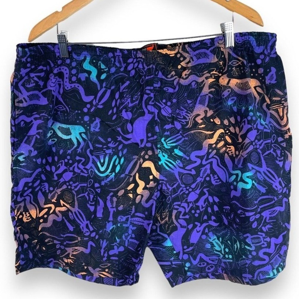 Vintage Jordache Swim Trunks Mens Size 42 Purple Neon Graphic Tribal Mesh Lined